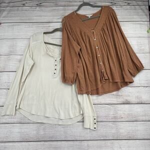 Lot of 2 Lucky Tops Womens XL Cream Brown Thermal Henley Button Down